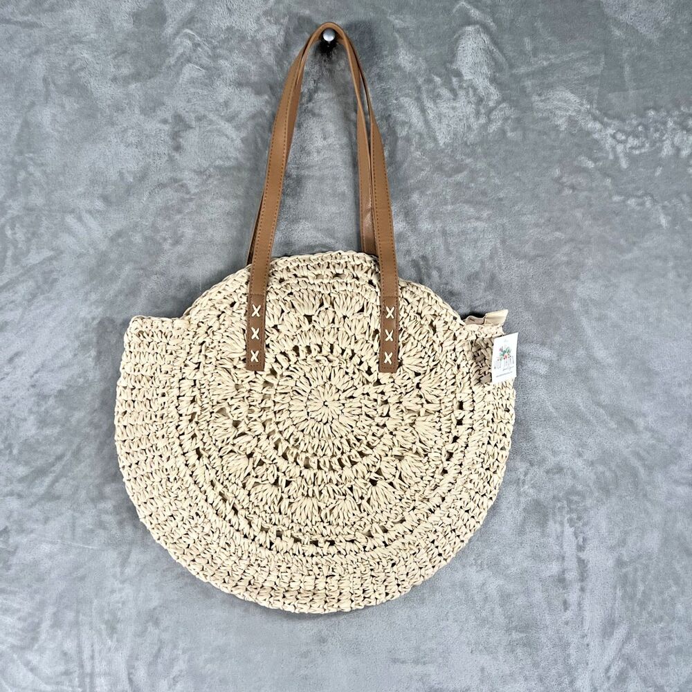 Round Straw Boho Raffia Tote Bag Beige Woven Beach Vacation Shoulder Purse